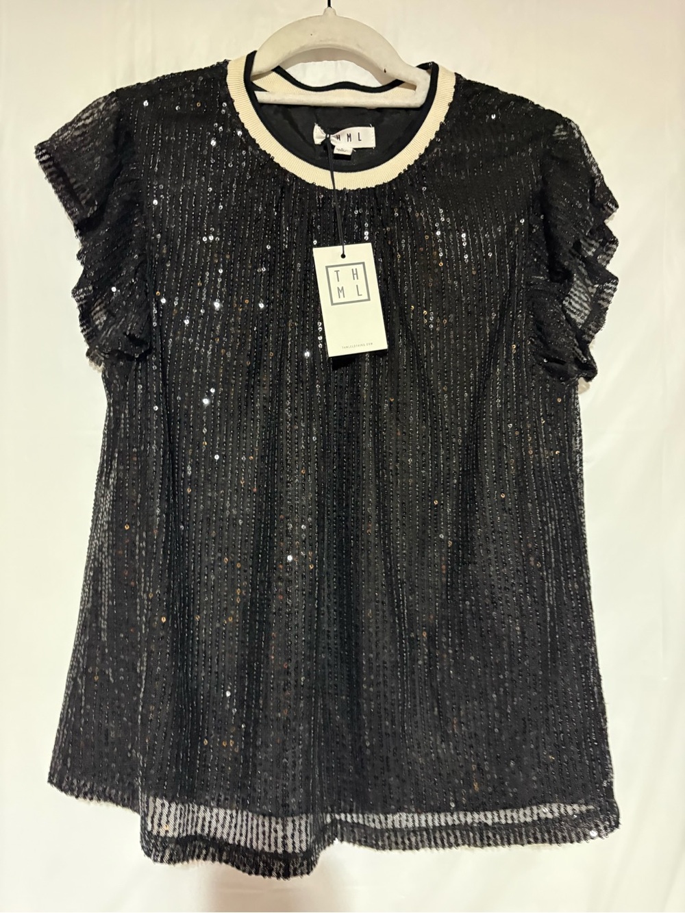 THML Black Sequin Ruffled Sleeve Blouse with Cream Trim